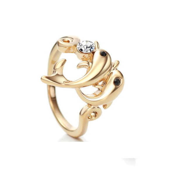 14K Gold Plated Austrian Rhinestone Dolphin Ring 