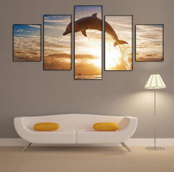 5 Piece Framed Cloudy Sunset Hand Painted Dolphin Wall Art