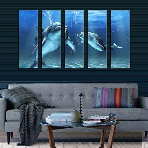 Up Close To Nature 5 Piece Framed Dolphin Oil Paintings