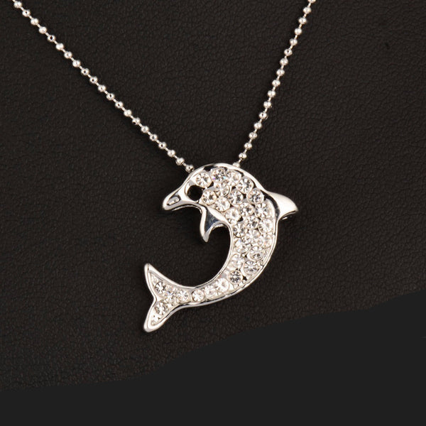 18 K Platinum Plated Rhinestone Encrusted Dolphin Pendant Necklace