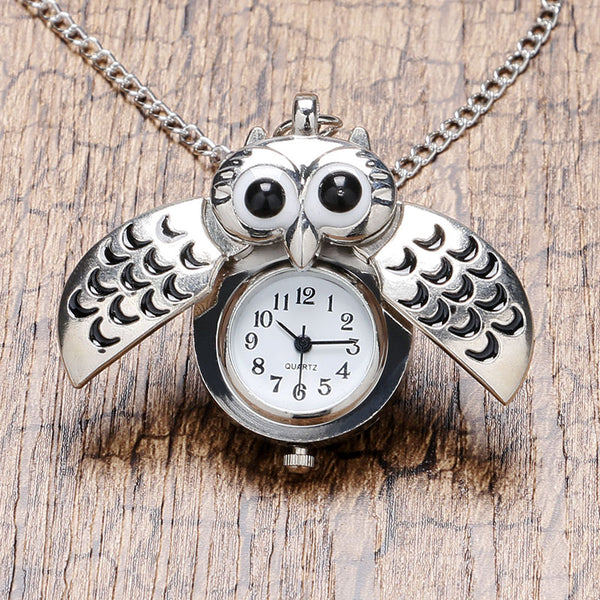Cute Silver Vintage Night Owl Quartz Pocket Watch Necklace Pendant