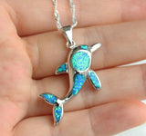 Cute Blue Fire Opal Jumping Dolphin Pendant Necklace 