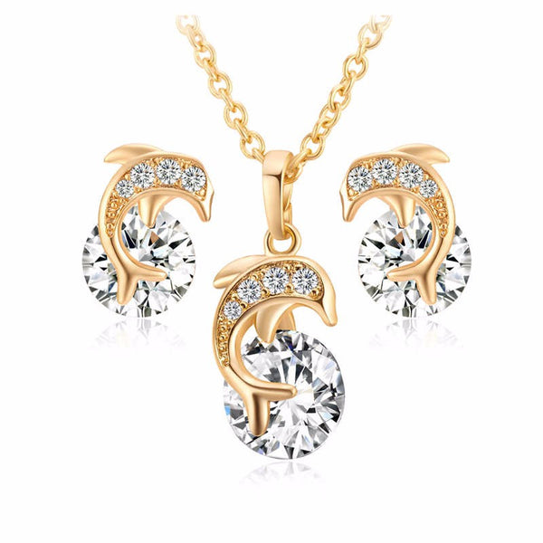 Gorgeous Gold Plated AAA Zircon Stoned Dolphin Jewelry Set Including Necklace and Earrings 