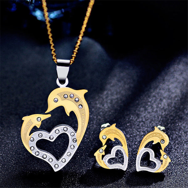 Elegant Dolphin Heart Necklace and Earrings Dolphin Jewelry Set 