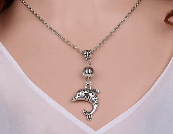 Vintage Silver Charm Choker Dolphins Necklace