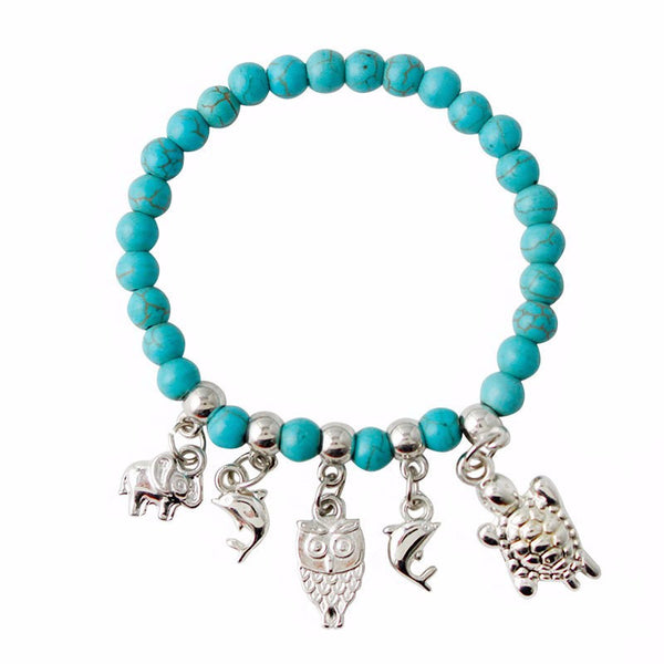 Natural Beads Charm Elephant Owl Tortoise Dolphin Bracelet 