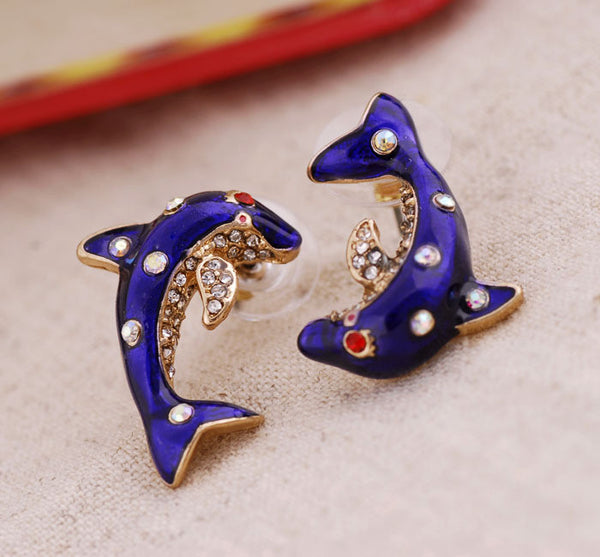 Asymmetrical Rhinestone Elegant Blue Dolphin Earrings 