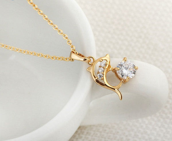 Intricate Gold Plated Crystal Dolphin Necklace - For her 