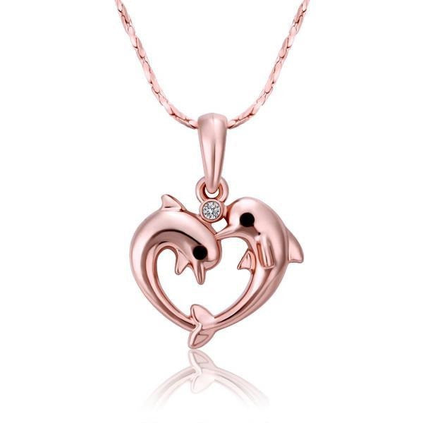 18K Real Rose Gold Plated Heart Shaped Dolphin Pendant and Necklace 
