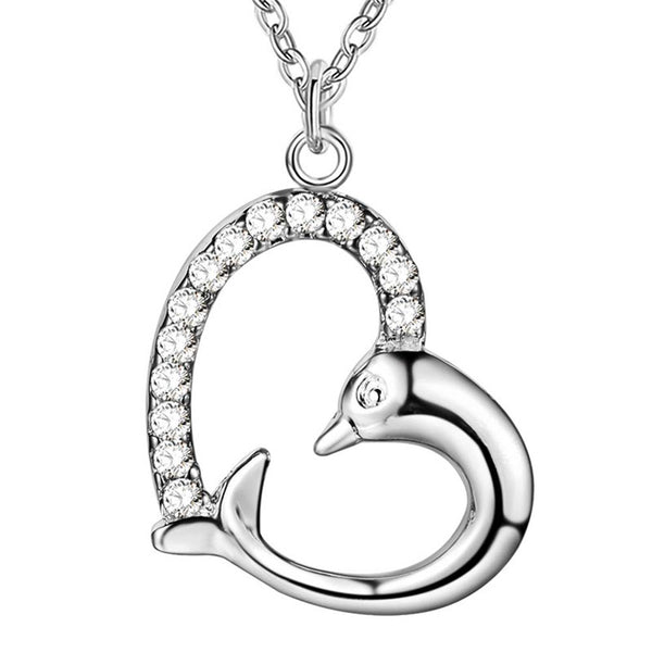 Silver Plated Zircon Heart Shaped Dolphin Necklace & Pendant 