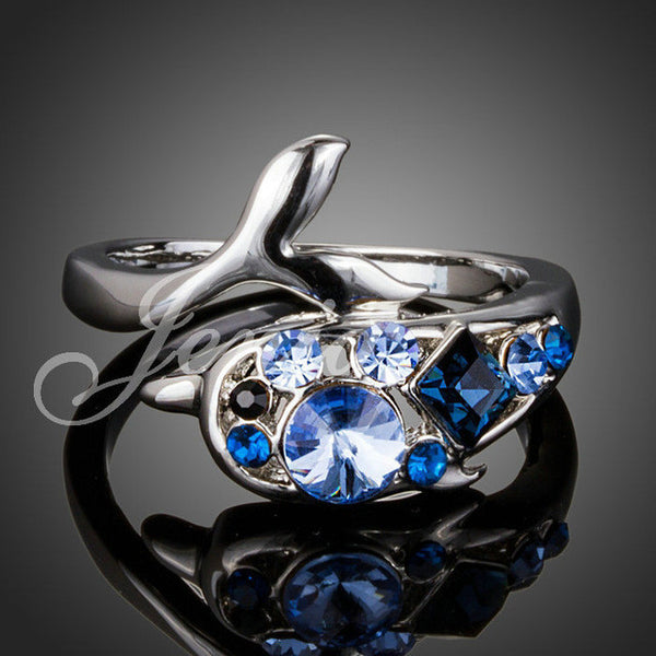 18K White Gold Plated Blue Stellux Austrian Crystal Dolphin Ring 
