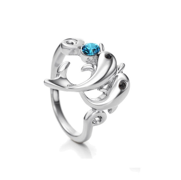 Silver Plated Austrian Rhinestone Dolphin Ring 