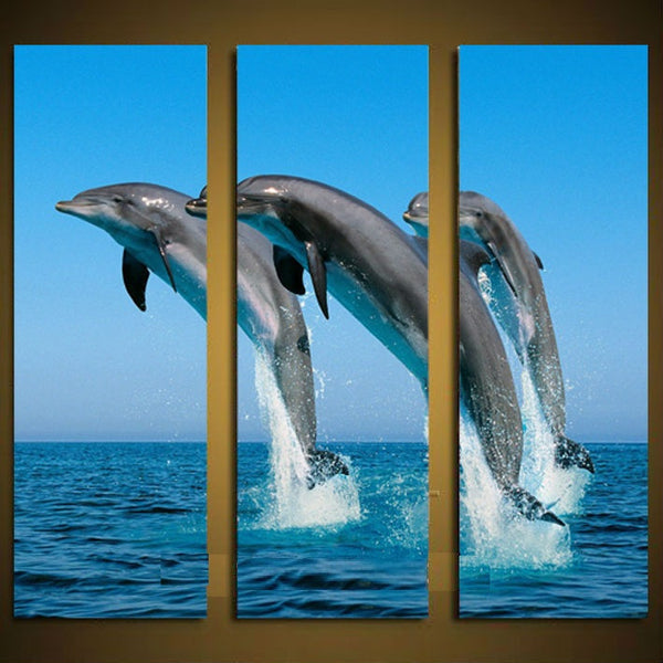 4 Pieces Framed Modern Jumping Dolphins Decorative Wall Arts 
