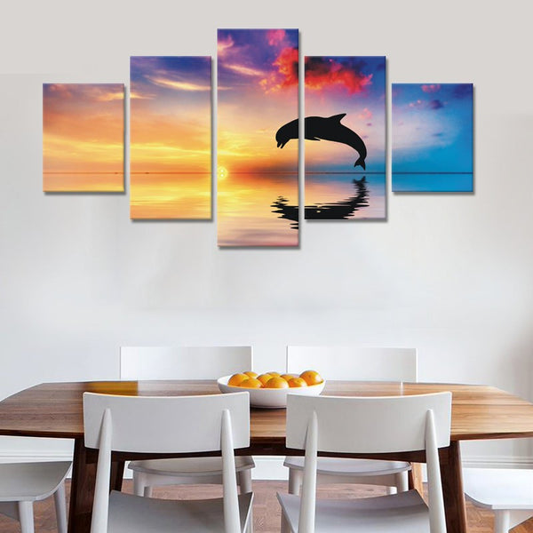 5 Pieces Beautiful Sunset Dolphin Wall Art - Framed Mirrors 