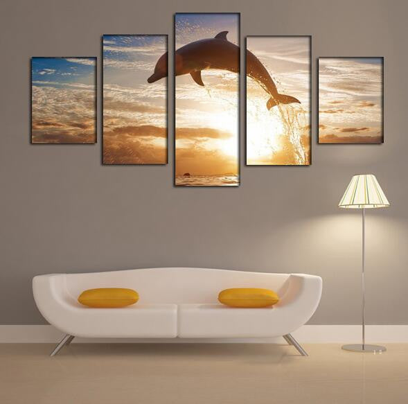 5 Piece Framed Cloudy Sunset Hand Painted Dolphin Wall Art 
