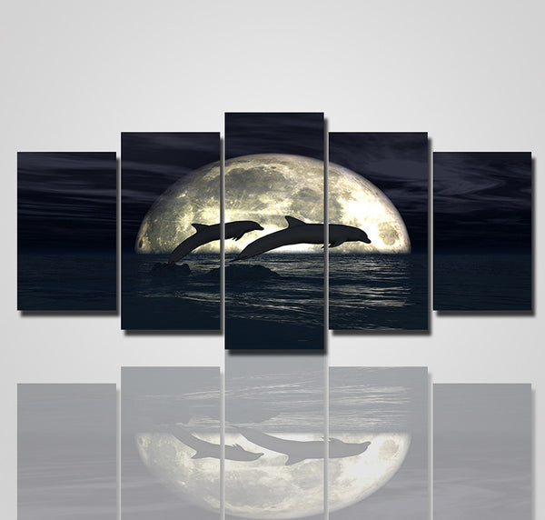 5 Pieces Moon and Dolphin Modern Wall Art 