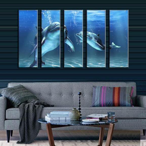 Up Close To Nature 5 Piece Framed Dolphin Oil Paintings 