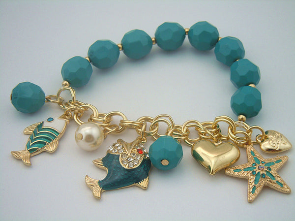 Gorgeous Blue Bead Heart Dolphin Charm Bracelet 
