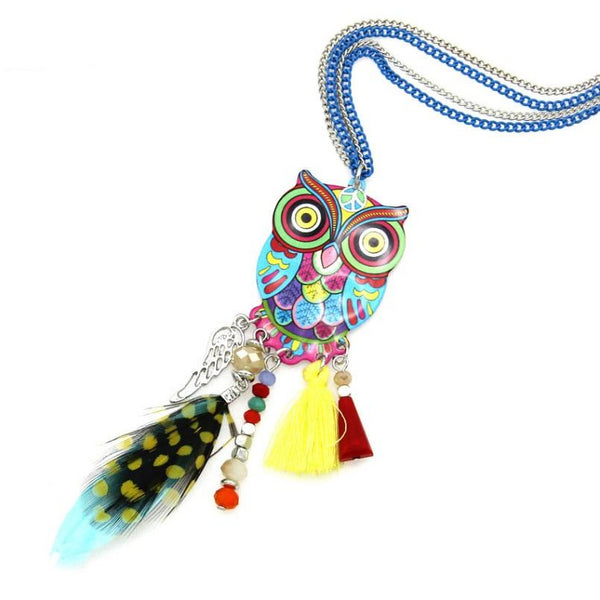 Stunning Long Chain Multicolor Owl Pendant Necklaces With Feather Crystal Bead Tassel For Women 