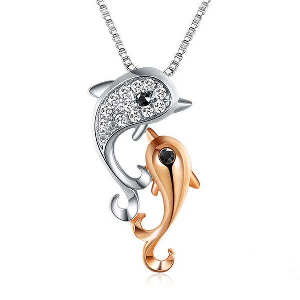 Intricate White Gold Inlay Rhinestone Double Dolphin Necklace 