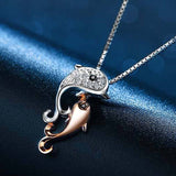 Intricate White Gold Inlay Rhinestone Double Dolphin Necklace 