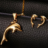 Gold Plated Hollow Dolphin Jewelry Set Including Necklace and Earrings 