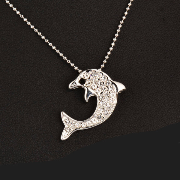 18 K Platinum Plated Rhinestone Encrusted  Dolphin Pendant Necklace 