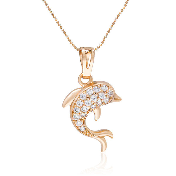 18 k Rose Gold Plated Stone Studded Dolphin Pendant Necklace 