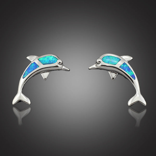 Elegant Blue Fire Opal Stone Dolphin Earrings 