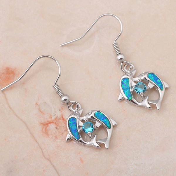 Silver Blue Fire Opal Dolphin Earrings 