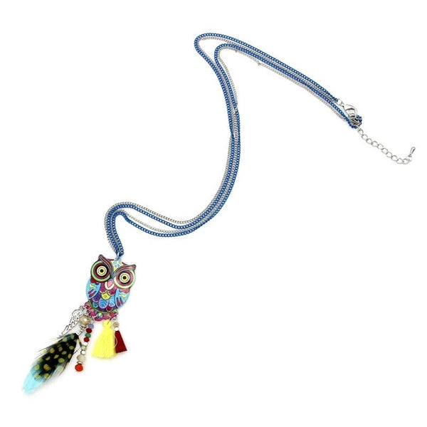 Stunning Long Chain Multicolor Owl Pendant Necklaces With Feather Crystal Bead Tassel For Women 