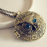 Occident Retro Vintage Crystal Charms Blue Eye Owl Locket Pendant Necklace - For Women 