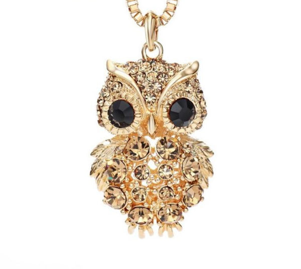 Intricate Czech Rhinestone Light Yellow Gold Fashion Owl Necklaces for Women 