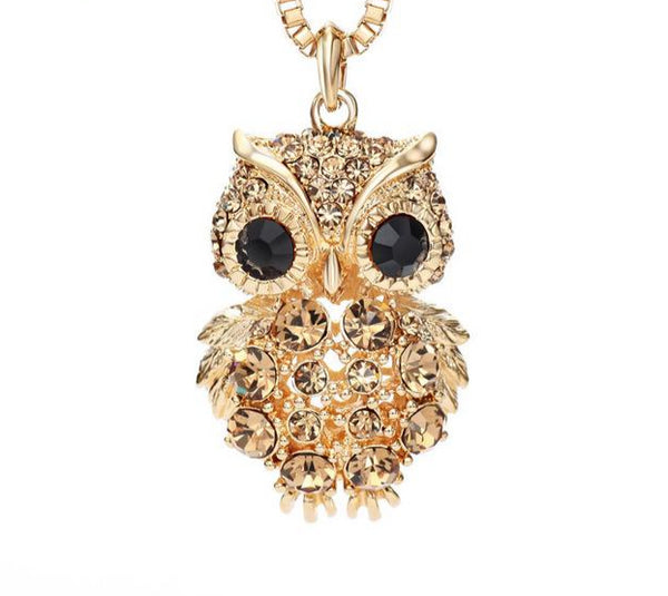 Intricate Czech Rhinestone Light Yellow Gold Fashion Owl Necklaces for Women 