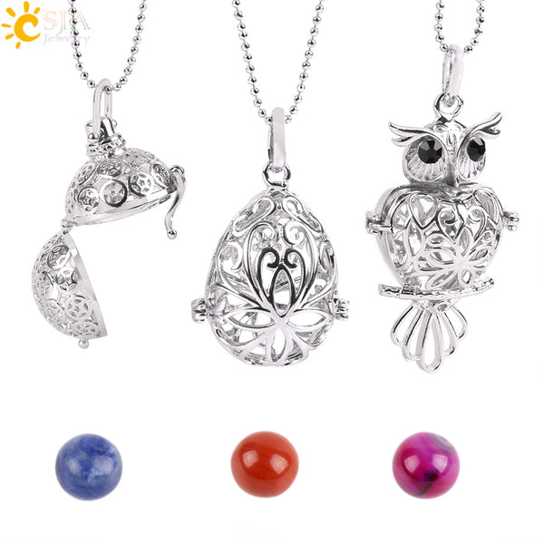 Natural  Stone Beads Hollow Carved Owl Locket Pendant Necklace - (also available in Round Ball & Egg) 