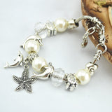 Antique Silver Dolphin Starfish White Pearl Charm Bracelet - New Design 