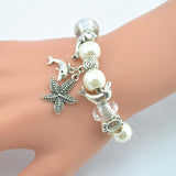 Antique Silver Dolphin Starfish White Pearl Charm Bracelet - New Design 