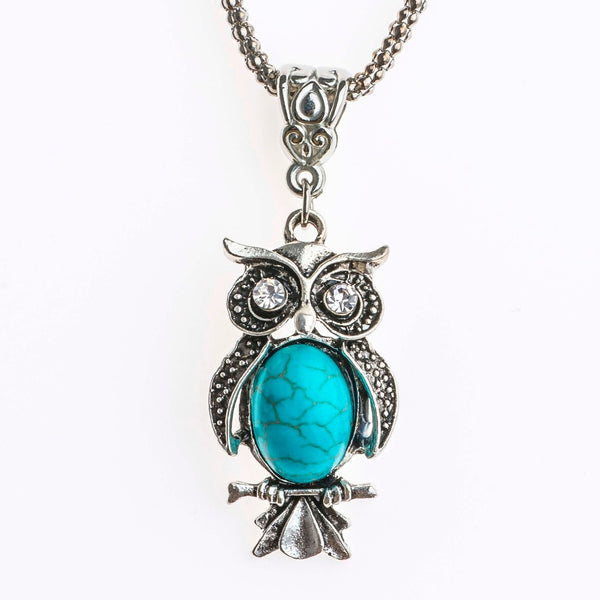 Bohemian Crystal Eyes Blue Natural Stone Owl Charm Necklace - Fashion Jewelry 