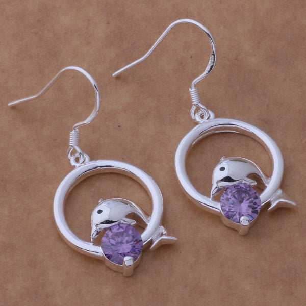 Charming Silver Plated Personality Dolphin Amethyst Earrings 