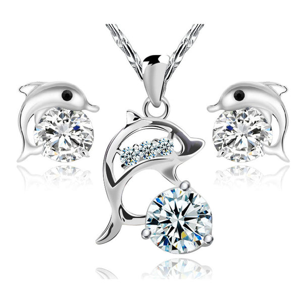 Silver Crystal Dolphin Jewelry Set For Women 