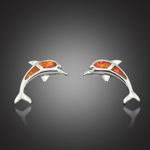 Elegant Orange Fire Opal Stone Dolphin Stud Earrings 