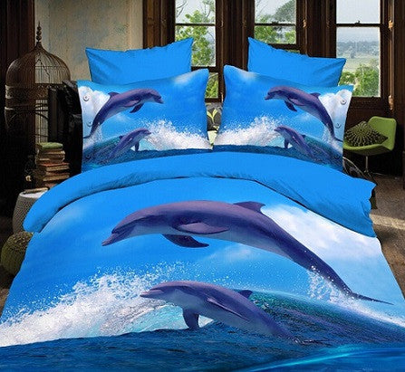 3D Blue Ocean Dolphin Bedding Set - 4 Pieces 