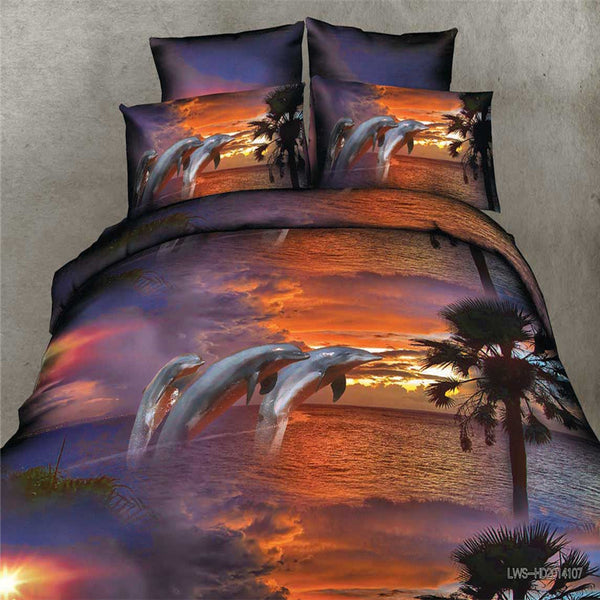 Printed Cloudy Sunset Dolphin Bedding Set - 4 Pieces 