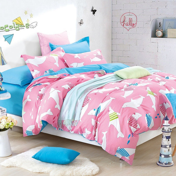 Pink Dolphins Printed Bedding Set 100% Cotton - 4 Pieces 