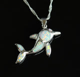 Cute Blue Fire Opal Jumping Dolphin Pendant Necklace 