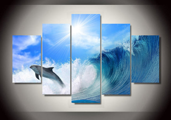 Framed Ocean Seascape 5 Piece Canvas Dolphin Wall Art 