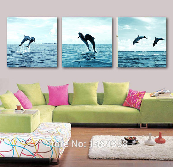 3 Piece High-quality Framed Modern Jumping Dolphin Seascape Wall Art 