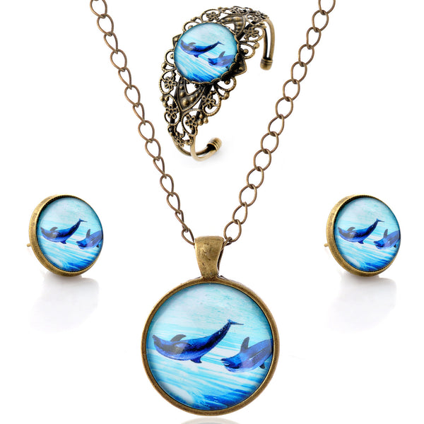 Vintage Ocean Pendant Dolphin Jewelry Set 