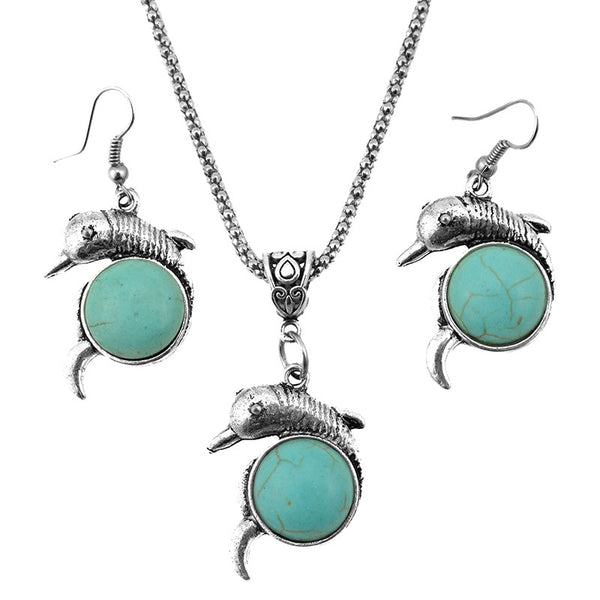 Vintage Antique Dolphin Turquoise Pendant Jewelry Set 