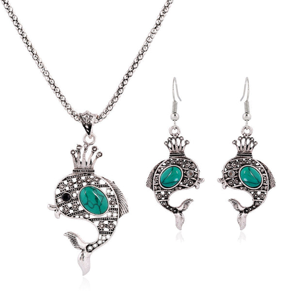 Bohemia Turquoise African Blue Bead Dolphin Jewelry Set 
